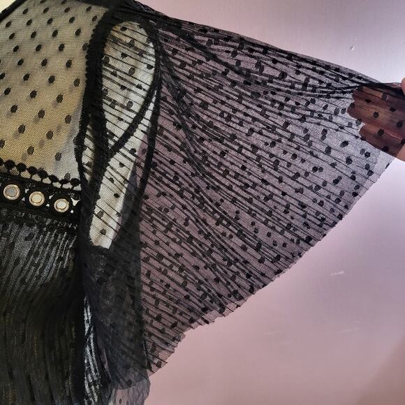 Forever 21 *Flawed* Pleated Sheer Mesh Polka Dot Crochet Lace Grommet Crop Top - Picture 12 of 16